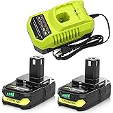 Ibanti 2 Packs 3600mAh P102 Battery Replacement for Ryobi 18V Battery Lithium ion P189 P190 P109 P107 P105 P104 P103 P108 P122 and P117 Charger Compatible with Ryobi 9.6V-18V Batteries (Green)