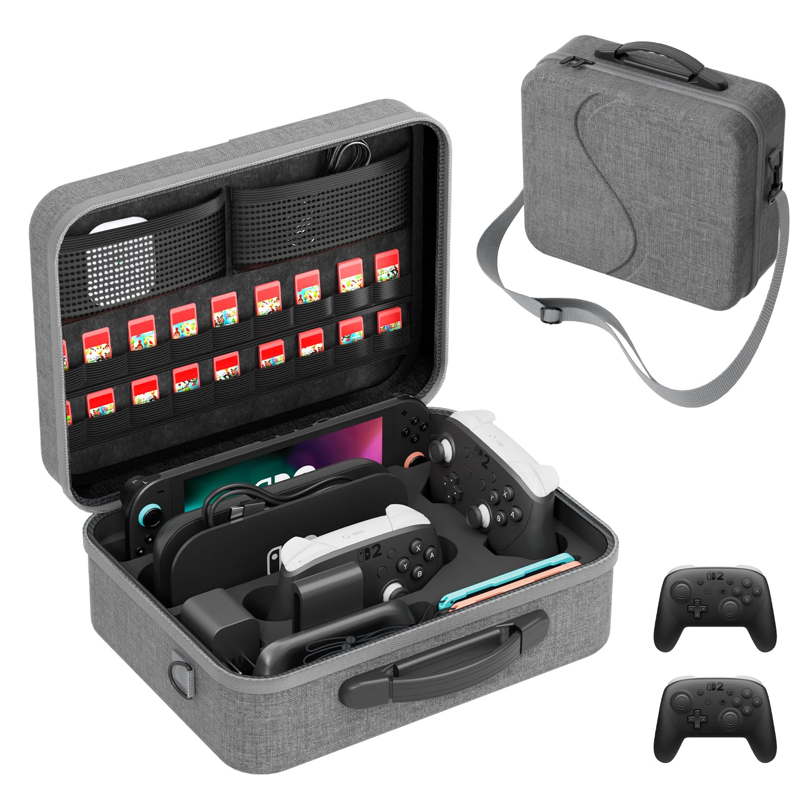 Large Carrying Case for Switch 2 2025, Hard Shell All in One Organizer Box for Switch 2 Accessories Compatible with 2 Pro Controllers & Dock, with 18 Game Card Slots, Hard Shell Travel Bag, Grey
