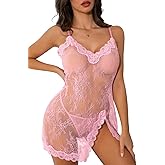 Kolagri Womens Sexy Lingerie Dress Set with Thong Sleepwear Front Slit Babydoll Chemise Sheer Nightgown