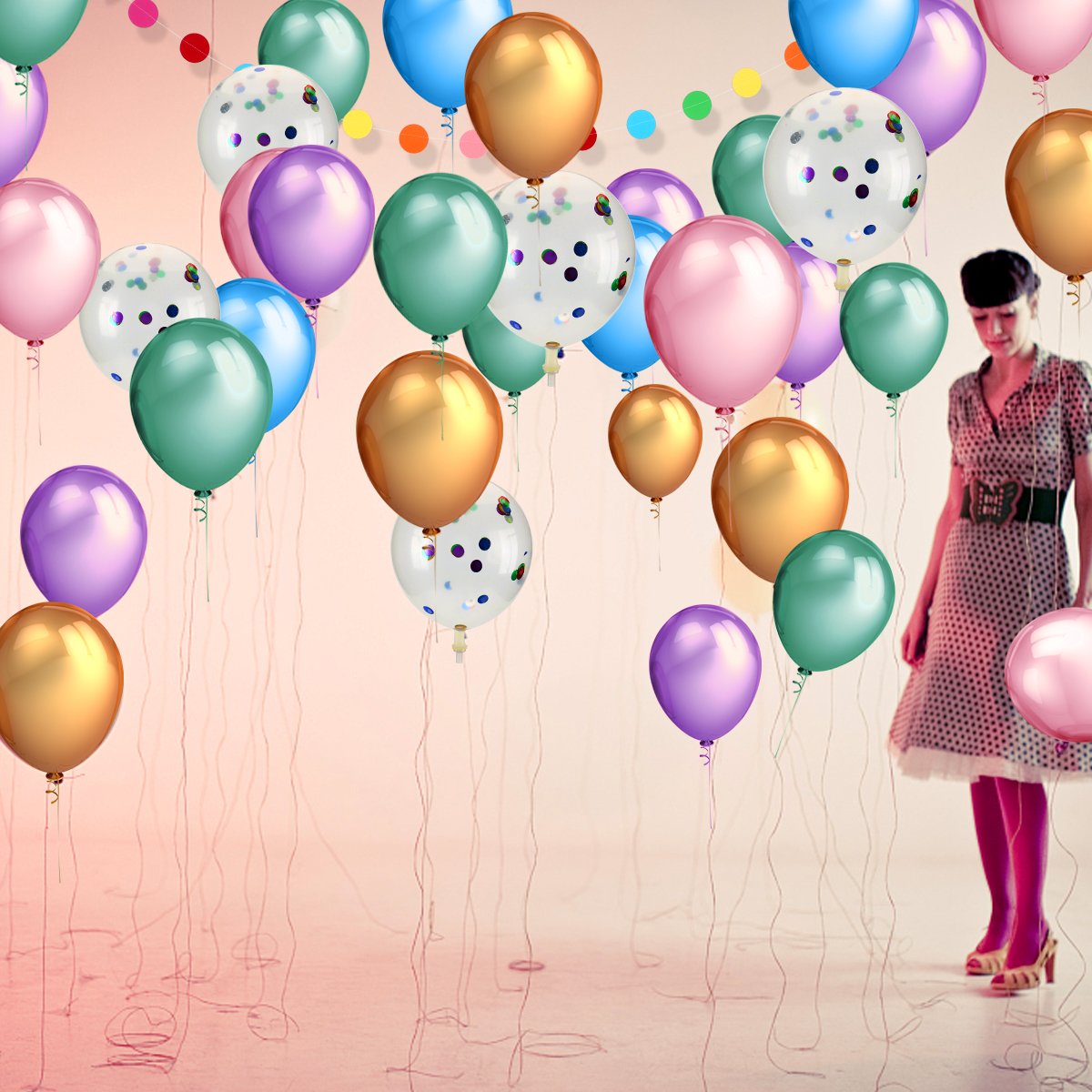 Confetti Balloons 15 Pcs with 12 Inch Assorted Color Latex Balloons (50 Pcs) and 1 Pcs Rainbow Paper Garlands Banner for Wedding Birthday Baby Shower Christmas Party Decorations Supplies