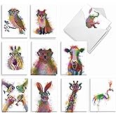 The Best Card Company - 20 Assorted Watercolor Animal Blank Notecards Box Set 4 x 5 In with Envelopes (10 Designs) Camp Note Cards Stationery Set, Funky Rainbow Wildlife AM4948OCB-B2x10