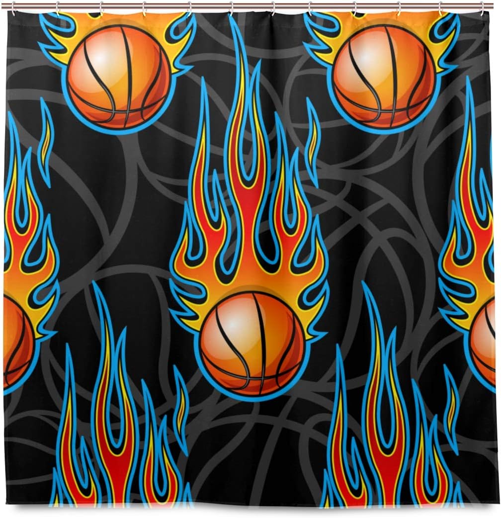 Amazon Ecomaomi シャワーカーテン 防水 ポリエステル 風呂カーテン 浴室 おしゃれ かわいい バスケットボールボールホットロッド 取付簡単 浴室 間仕切り カーテンリング付属 シャワーカーテン ホーム キッチン オンライン通販