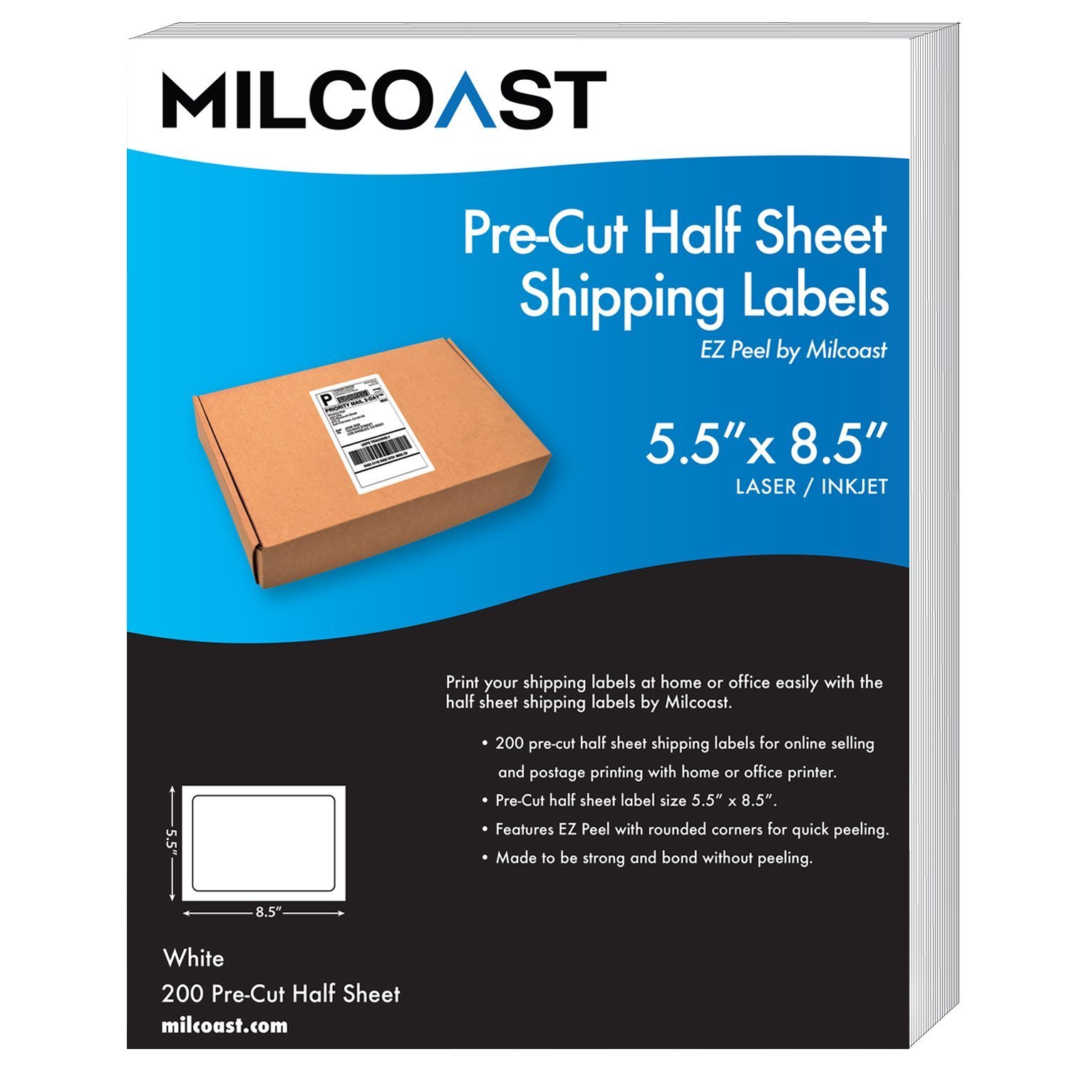 Amazon.com : Milcoast Pre-Cut 5.5" x 8.5" Half Sheet Adhesive Shipping  Labels - Easy to Peel, for Laser or Inkjet Printers (200 Labels) : Office  Products