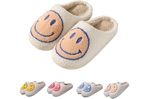 FACAXEDRE Smile Face Slippers Indoor Outdoor,Smile Happy Face Slippers,Retro Slippers for Women House Soft Fluffy Slides,Smile Cushion Slides Smile Face Furry Slippers