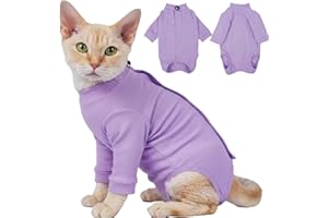 T'CHAQUE Cat Neuter Surgery Recovery Suit Male, Anti-Licking Cats Spay Recovery Suit Female, Long Sleeve Prevent Shedding Body Suit Post Surgery, Breathable Cone & E Colla Alternative Cat Apparel(Purple, L)