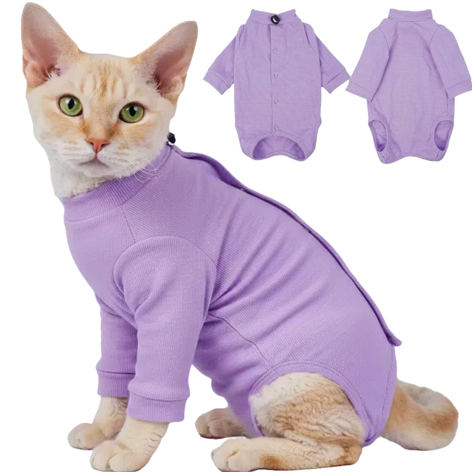 Photo 1 of Cat Onesie for Cats After Surgery Male Female, Breathable & Soft Fabric Cats Spay Recovery Suit, Cone Alternative Surgical Suit with Leg Sleeves to Stop Licking, Cat Wound Care Shirt Wear(Purple, S)