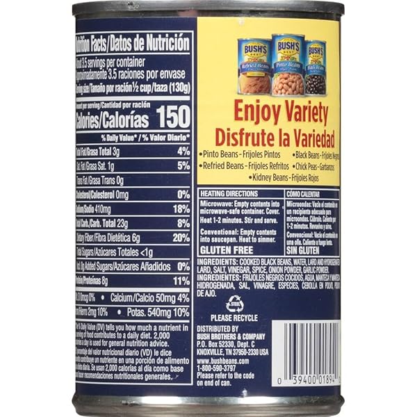 BUSH’S BEST, REFRIED BEANS, BLACK BEAN, 16OZ CAN