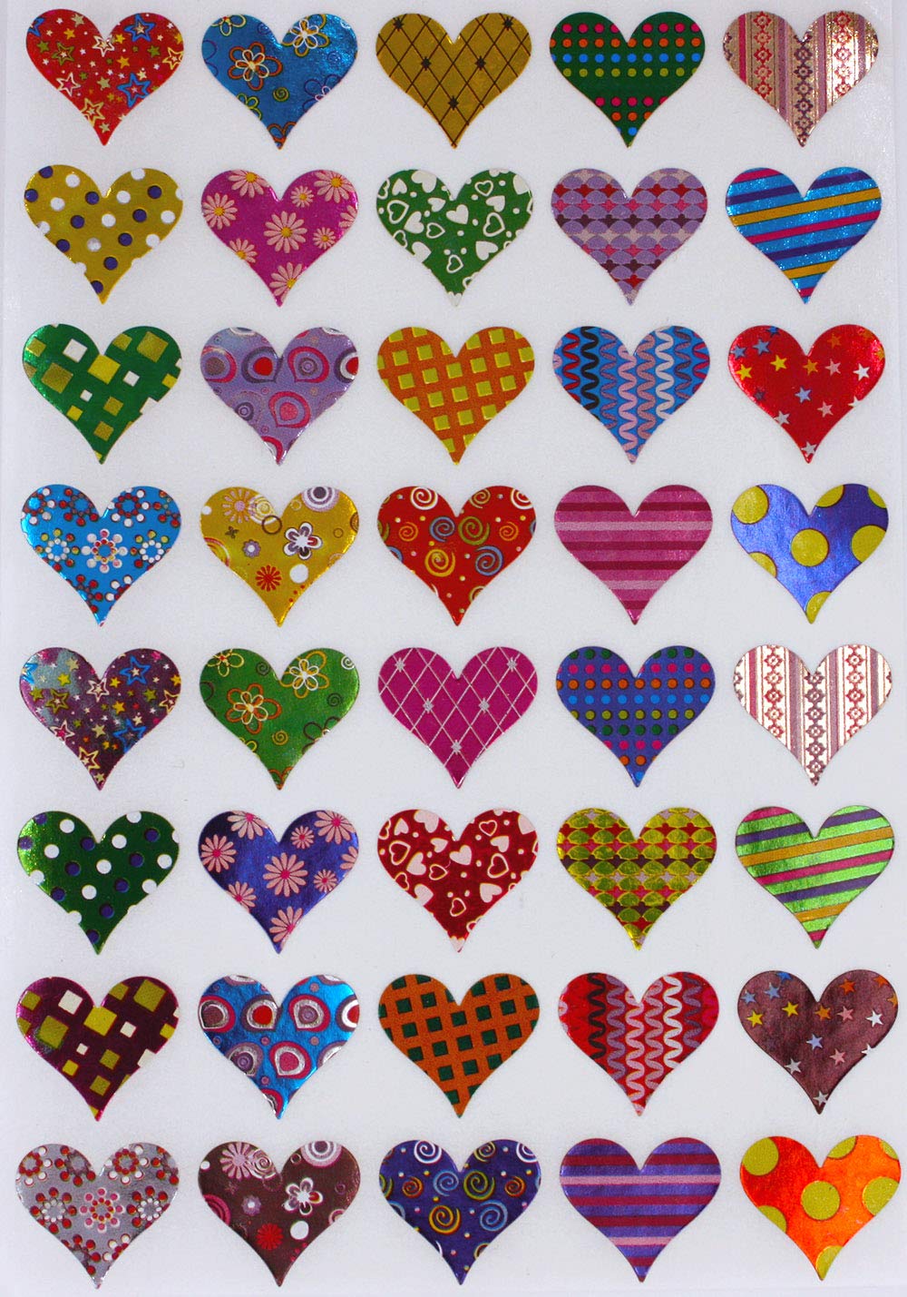 Royal Green Valentines Stickers Heart Shape - Assorted Patterns Hearts Sticker in Red, Pink, Blue, Gold, Green, Purple, Stars, Flowers, Stripes and Dots - Permanent Adhesive - 200 Pack