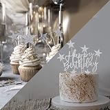 iZoeL 2 Sets Silver Cake Decoration Happy Birthday Toppers Stars Hearts view 3