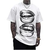 GORGLITTER Men's Lip Pattern Graphic Tees Loose Short Sleeve Crewneck T Shirts Streetwear Top