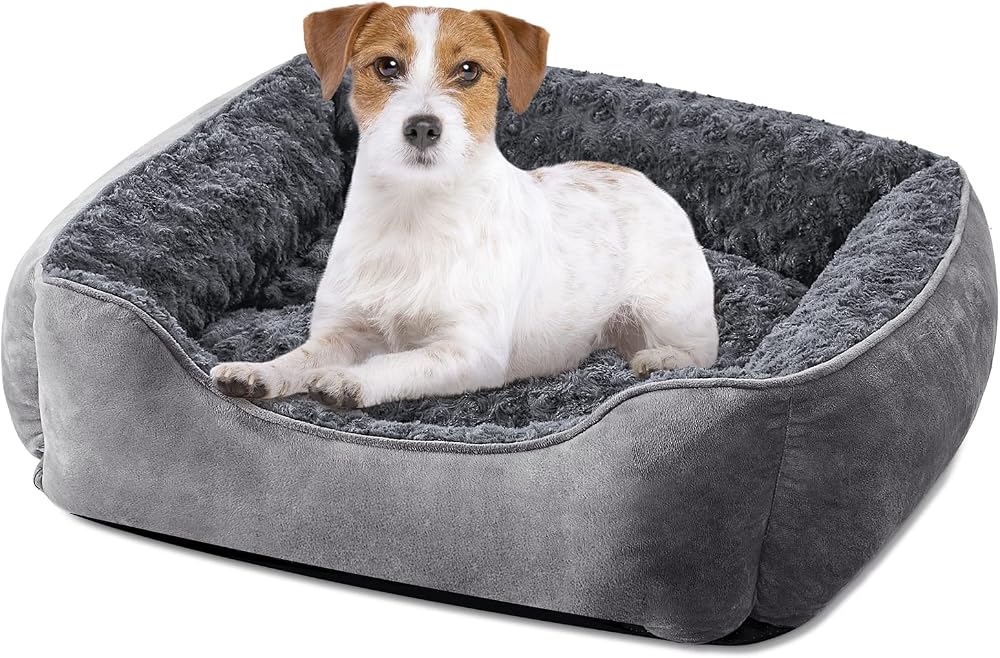 JOEJOY Small Dog Bed Washable Rectangle Plush Non-Slip Grey 51x48x15 cm