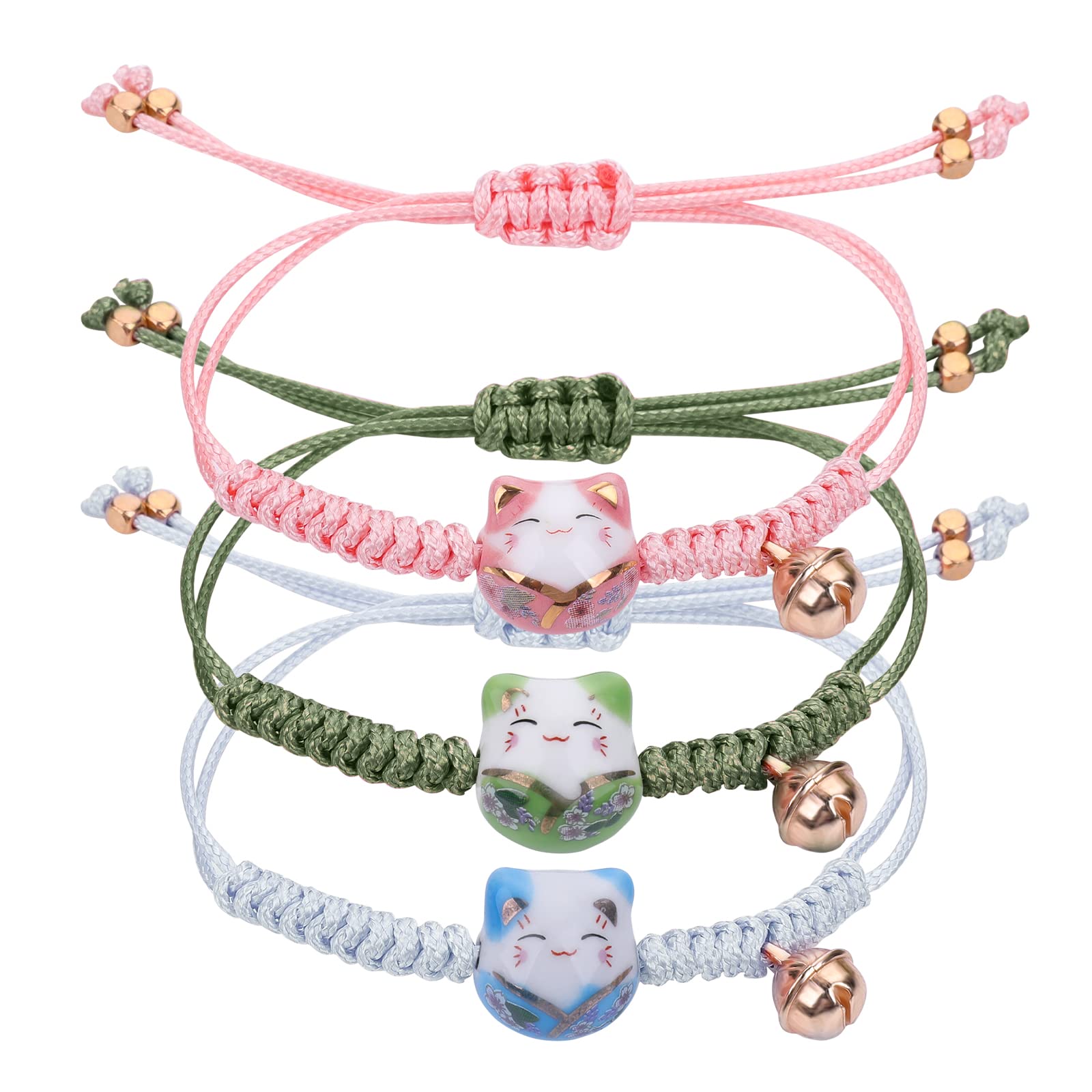 Yolev 3-Piece Cat Maneki Neko Bracelets - Cute Lucky Cat Ceramic Beads Fortune String Bracelets with Bell, Adjustable