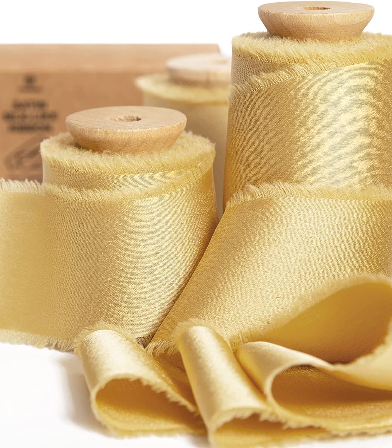 Vitalizart Gold Silky Satin Ribbon, 1.5'' x 15 Yard with Wooden Spool, Handmade Fringe Chiffon Ribbons for Gift Wrapping, Festive Decoration, DIY Craft, Wedding Bridal Bouquet