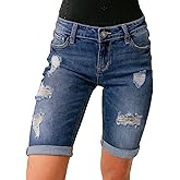 luvamia Women High Waisted Stretch Bermuda Shorts Ripped Rolled Hem Jean Shorts