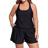 Smismivo Plus Size Swim Romper Modest Swimsuits for Women One Piece Bathing Suit Shorts Swim Suit with Pockets