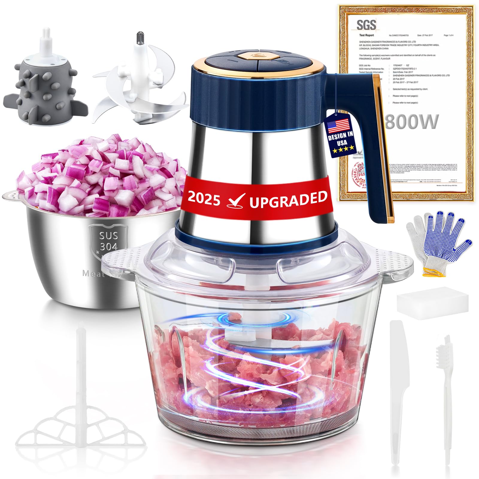 Photo 1 of 5-in-1 Electric Food Processor?800W Powerful German Motor??6 Titanium Steel Blades | 6S Meat Grinding?Meat Grinder for Kitchen Use, Food Chopper for Vegetable, Fruits, Nuts, Baby & Pet Food(Blue)