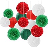 Red-Green White Party-Decorations Christmas Flowers Lanterns - 15PCS Italian Mexican Independence Day Paper Tissue Pom Poms Streamers,Mexico Italy Birthday Baby Shower Wedding Hanging Decor Hugfond