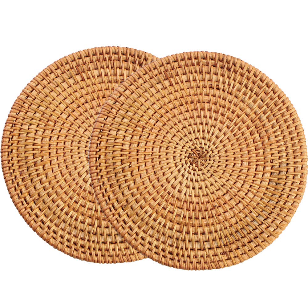 Photo 1 of 13" Natural Hand Woven Rattan Placemats for Dining Table,Decorative Heat Resistant Mats for Kitchen Coutertops,Hot Dishes,Pots and Pans,Round Diameter 35CM (Set of 2,Gold)