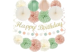 Sage-Green Pink First Happy Birthday Party-Decorations - 22pcs 18th Women Girls Paper Lanterns Streamers Banner Pom Poms,Spring Boho Aesthetic Bohemian Pastel Neutral Decor Backdrop Supplies Hugmoon