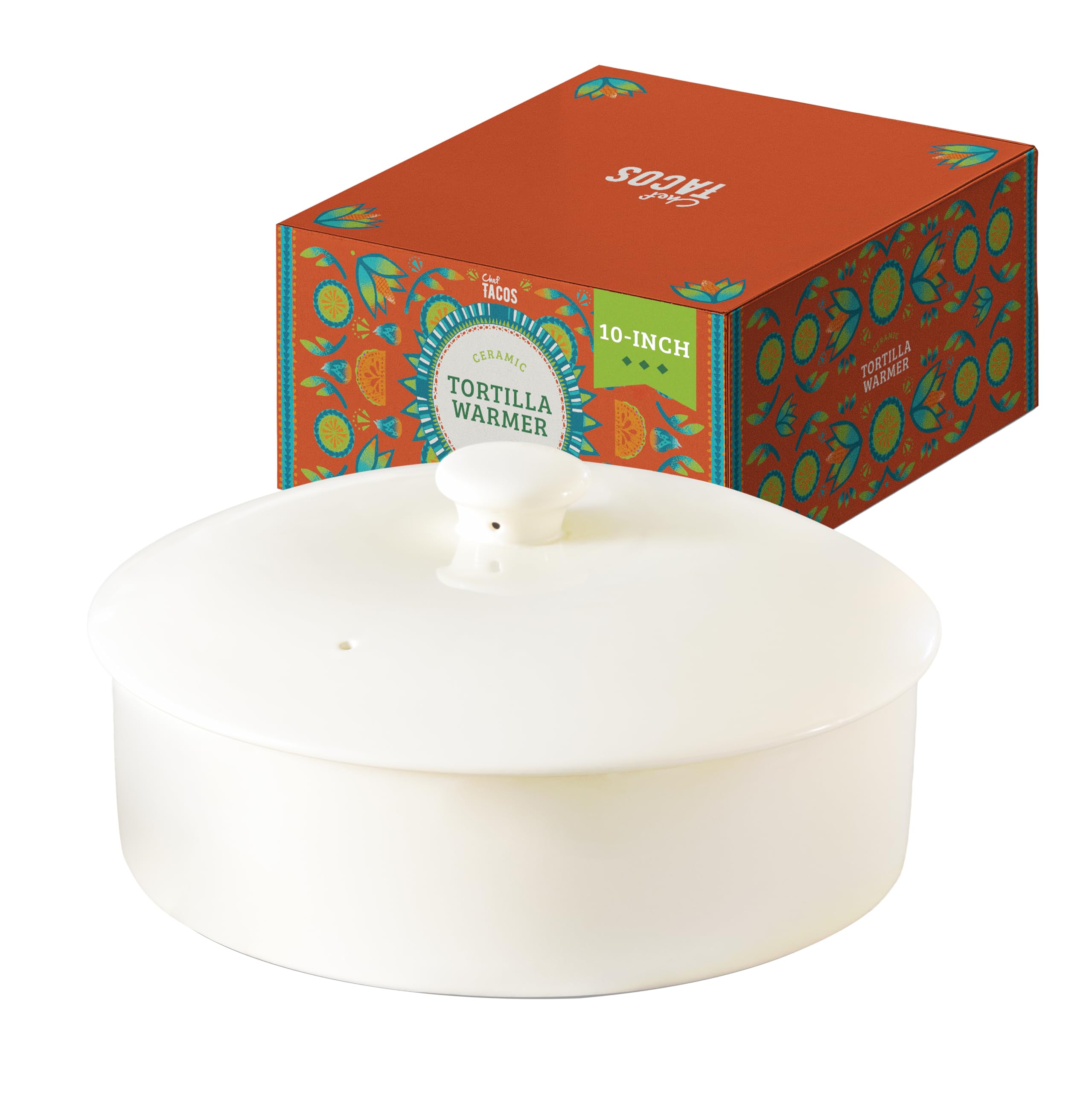 Photo 1 of ****************MISSING LID**************
Chef Tacos Ceramic Tortilla Warmer, Microwavable, Tortilla Holder Container, Pancake Keeper, Best for Storage Tortilleros, with Lid (10-inch, Cream)