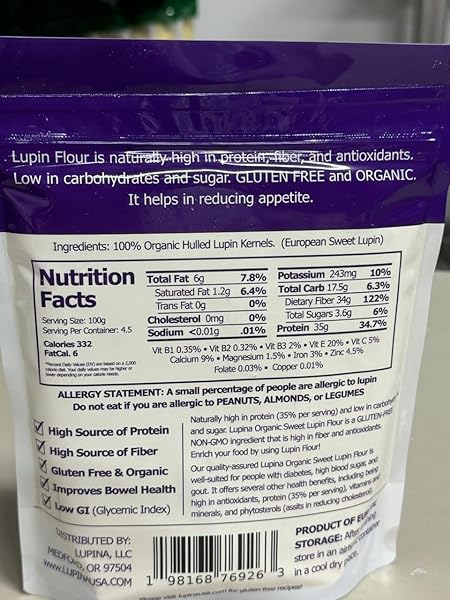 LUPINA ORGANIC GLUTEN FREE PREMIUM LUPIN FLOUR, 16 OZ, HIGH PROTEIN & FIBER