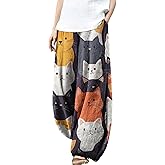 MARSVOVO Wide Leg Pants Woman Lounge Casual Cute Print Harem Pants Plus Size Elastic Travel Palazzo Pants with Pockets