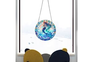 HOTIYOK Larger Mermaids Acrylic Window Hangings Blue Ocean Stained Window & Wall Decor with Chain for Indoor/Outdoor, Ideal Housewarming Gift, Home Decor for Mom Grandma Wife Teacher Sea Lover