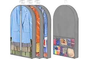 Shenehsmp 40" Garment Bags for Hanging Clothes Closet Storage with 6 Pockets, Clear Clothing Covers with 4" Gussetes, Protector for Suits Coat Jacket Sweater Shirts, 3 Packs