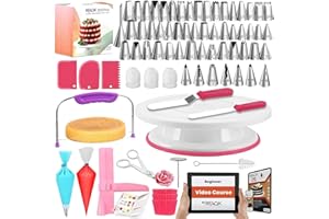 RFAQK 200 PCs Cake Decorating Kit with Cake Turntable-48 Numbered Easy to use Icing Tips-7 Korean Tips with Booklet & E.Book-