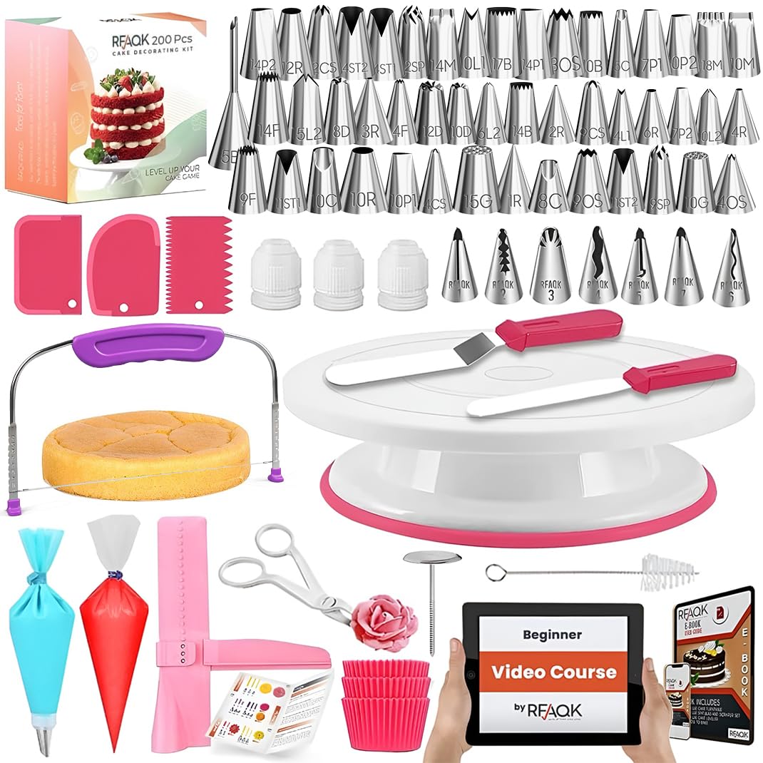 Cake Decorating Kit -RFAQK 200 PCs with Cake Turntable- Cake Leveler- 55 Numbered Piping Tips & Nozzles with Pattern Chart & E-Book- 110 Icings Bags-Straight & Offset Spatula-Scraper Set & Baking Kit