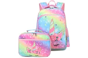 JIANYA Girls Backpack Kids Bookbag with Lunch Box Rainbow Preschool Kindergarten Back Packs for Girl