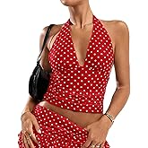 KIGRAD Women Y2k Coquette V Neck Polka Dot Mesh Crop Halter Tops Sexy Open Back Tie Up Fitted Ruched Tank Summer Shirts