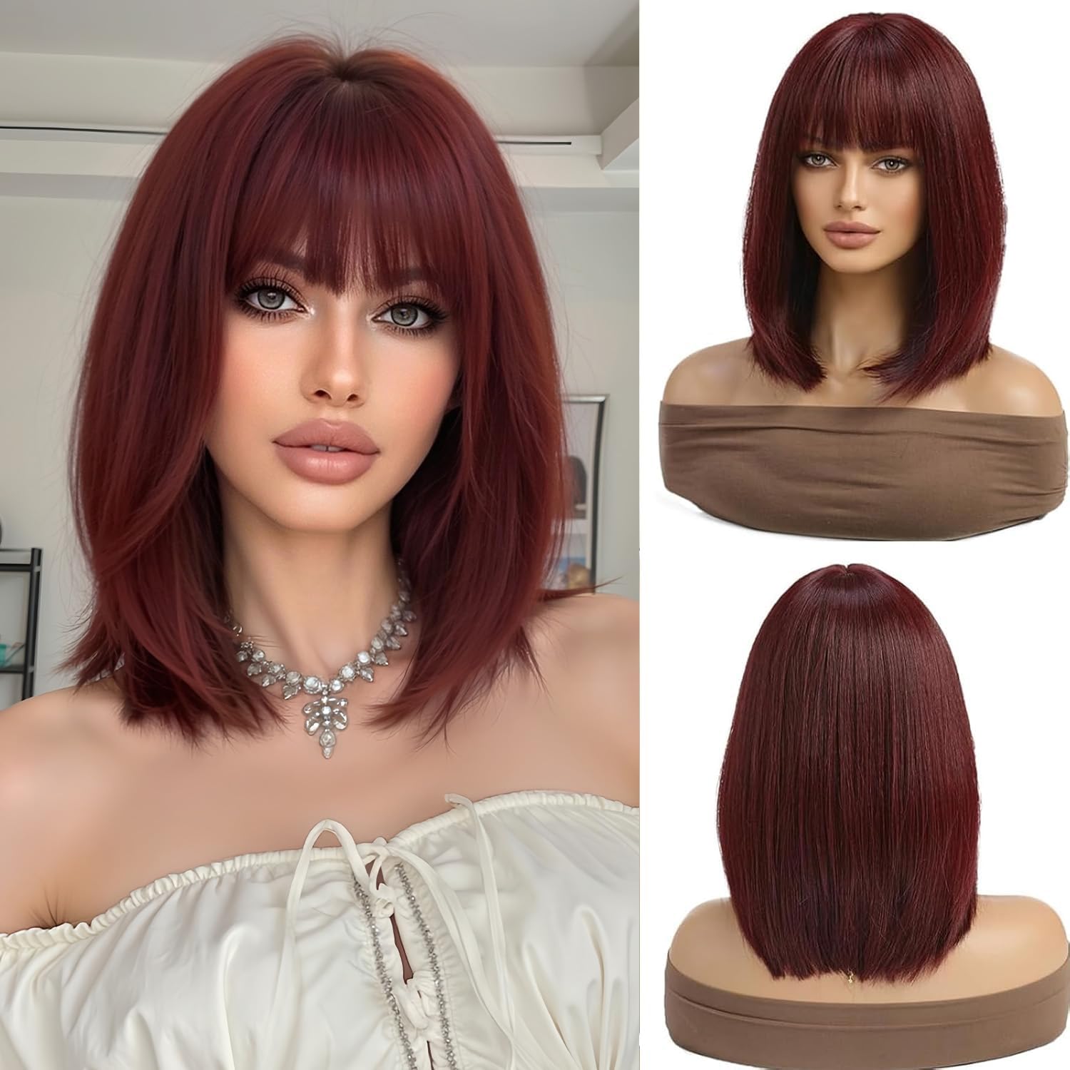 Esmee Short Straight Wine Red Bob Wigs With Fringe Shoulder Length Burgundy Wig Synthetic Cosplay Wigs for Women