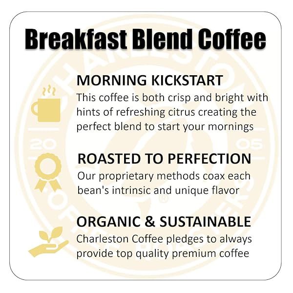 CHARLESTON COFFEE ROASTERS | SPECIALTY ORGANIC GROUND COFFEE | HAND PICKED, PREMIUM SLOW ROAST (BREAKFAST BLEND, MEDIUM ROAST) 12OZ