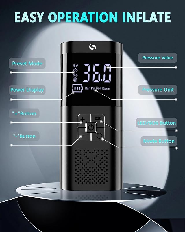 Elektrische Luftpumpe, Tragbar Akku Kompressor mit Manometer — Foto 6 von 7