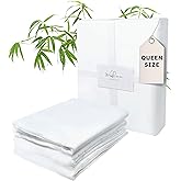 Wooflinen 100% Viscose Derived from Bamboo Sheets Set – Silky Soft Like Silk Bed Sheets – Matte White Bed Cover with Pillowcases – Cooling, Thick, Durable – Queen, 4 Pc Set