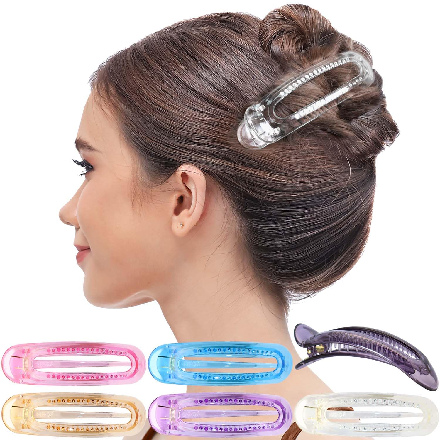 RC ROCHE 6 Pcs Flat Claw Hair Clips for Women Alligator French Barrette Long Thick Hair Duckbill Curved No Slip Grip Lay Flat Side Slide Firm Classic Styling, Medium Transparent Multicolor