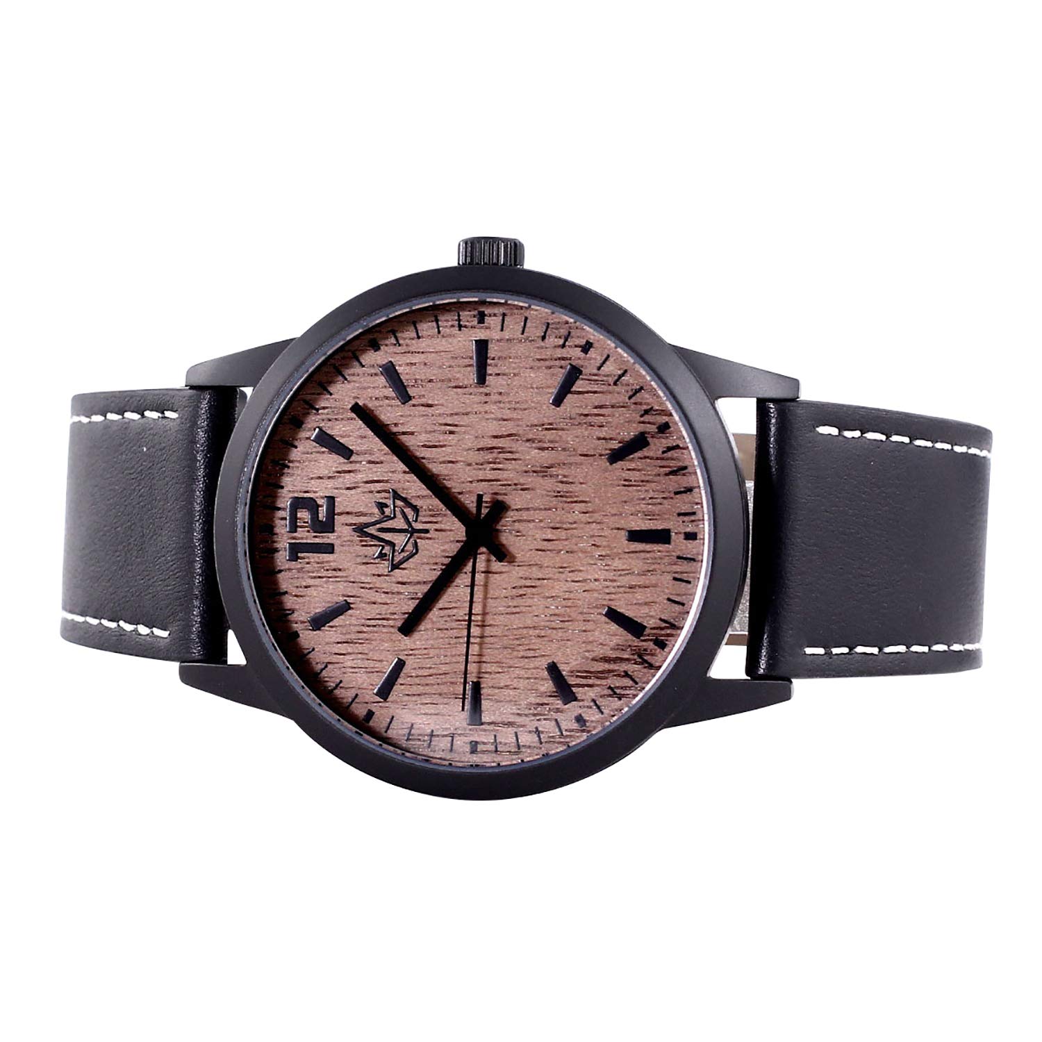 Wooden Watch for Men - Matte Black Stainless Steel Case w/Leather Strap Large Easy Read Face. Waterproof! Sport Elegant. Japanese Quartz Movement. Bonus Credit Card Holder. Gift Box.