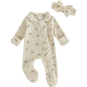 Newborn Baby Girl Footies Zipper Footed Romper Jumpsuit with Headband