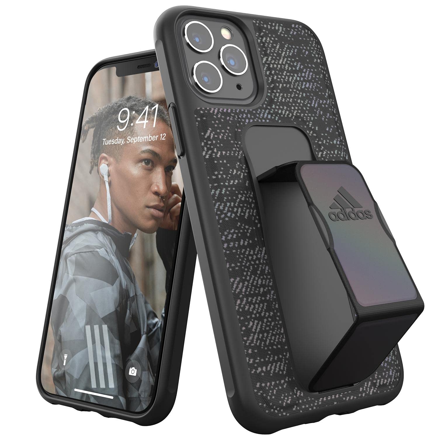 adidas Sports Compatible with iPhone 11 Pro Case, Grip Handle Stand, Protective Iridescent Phone Cover – Black