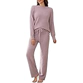 VXVGER Womens Fuzzy Fleece Pajamas Set 2 Piece Cozy Pjs Lounge Set Warm Long Sleeve Knit Pullover Sweater Pants Loungewear