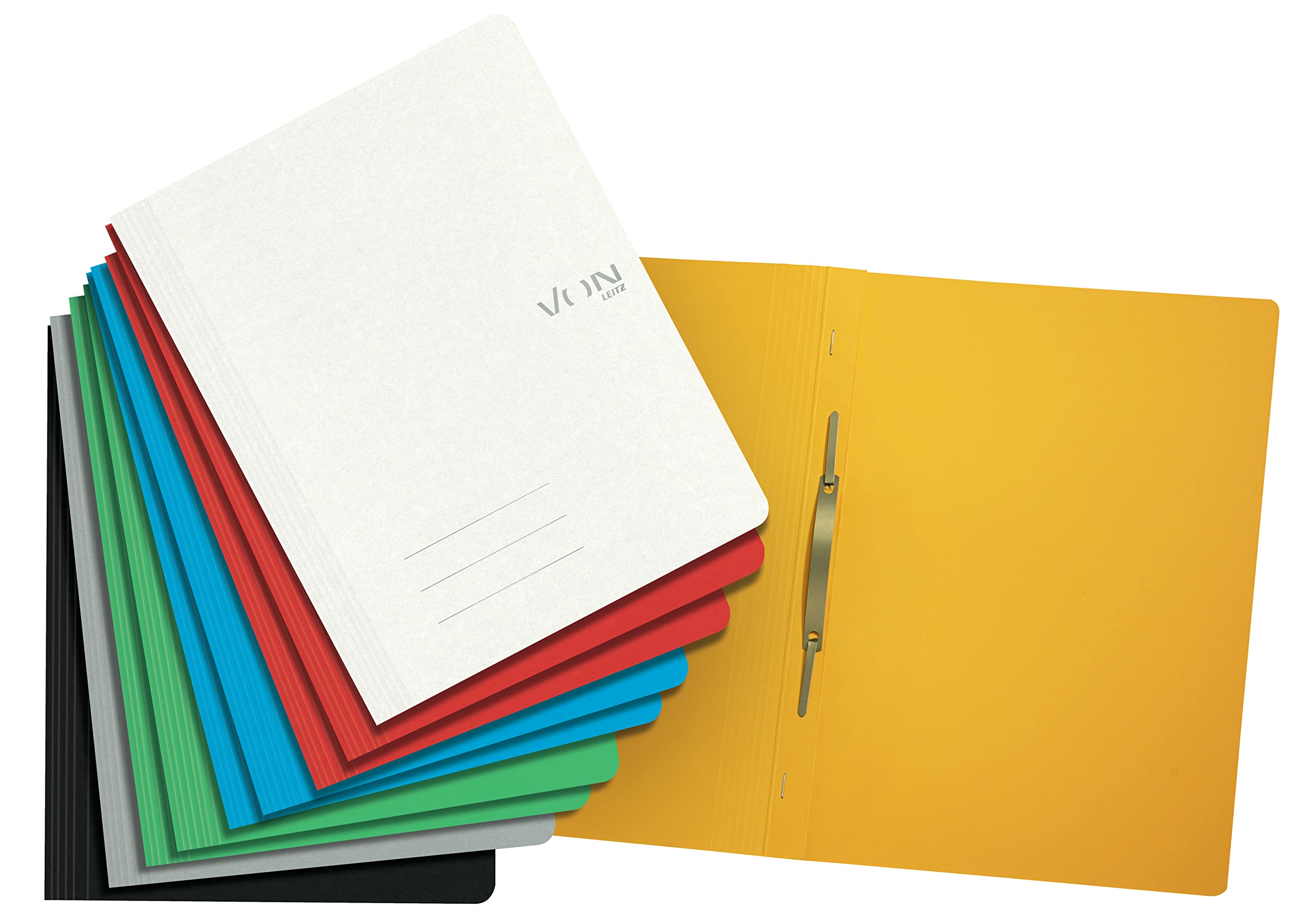VON Leitz 30162099 Pack of 10 A4 File Folders, 100% Recycled Cardboard with Metal Clip, for 250 Sheets, Soft Cover Folder, for School, Study & Home, Multicoloured