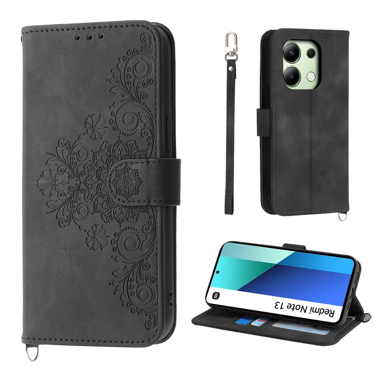 Auslbin Flower Phone Case for Xiaomi Redmi Note 13 4G 6.67", 5 Card Slots Vintage Style PU Leather Protective Case for Redmi Note 13 4G, Black โ image 1