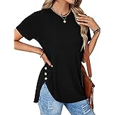 LYANER Women's Casual Short Sleeve Round Neck Shirts Side Split Basic Loose Tunic Tops