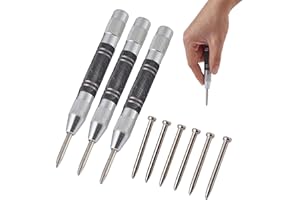 Automatic Center Punch Set, 3 Pcs 5 Inch Spring Loaded Center Punch with 6 Replacement Tips, High-Quality Steel for Metal, Wo