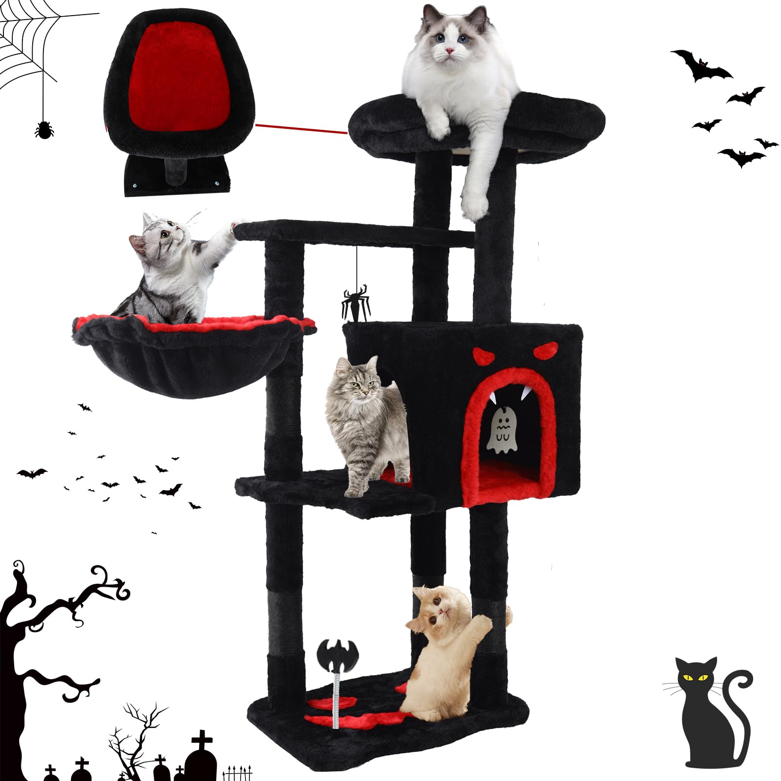 Photo 1 of Gothic Cat Tree for Indoor Cats Large Adult, 40.5" Goth Cat Trees Tower with Coffin Cat Bed, Scratching Post, Cat Condo, Furniture Towers with Hammock, Tall Black Cat Tree Halloween Hanging Toys(Black)