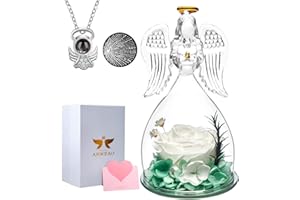 ANWEAO Mothers Day Flowers Gift for Mom,Glass Angel Figurines Preserved Real Rose with I Love You Necklace in 100 Languages, Rose Gifts for Women, for Mom Grandma Unique Flower Gift