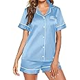 Ekouaer Satin Pajamas for Women Button Down Sleepwear Soft Silk Loungewear Short Sleeve Top and Shorts Pjs S-XXL
