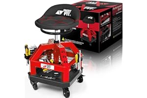FreekyFit Rolling Shop Stool for Garage with Casters, DO02-Adjustable Height 360° Swivel Shop Seat with Tool Tray Storage, 330 LBS Capacity Padded Mechanic Stool, Magnetic Tool Hold, Heavy Duty, Red