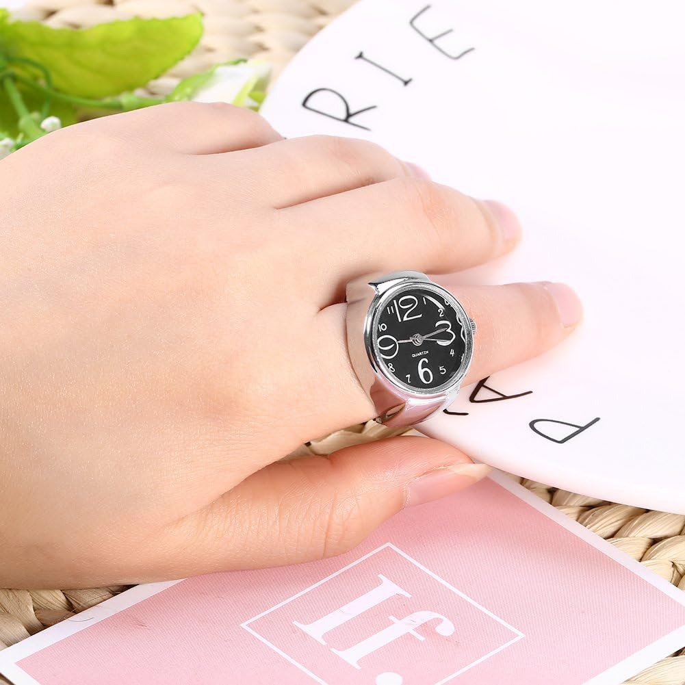 Dilwe Ring Watch, Unisex Analog Quartz Finger Watch for Men Women Stainless Steel Strap Black Elastic Alloy Case Daily Party Gift - Image 3